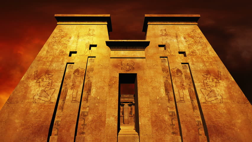 Egyptian Shrine with Pyramid in the sunset - dolly Realistic 3D render and clouds footage