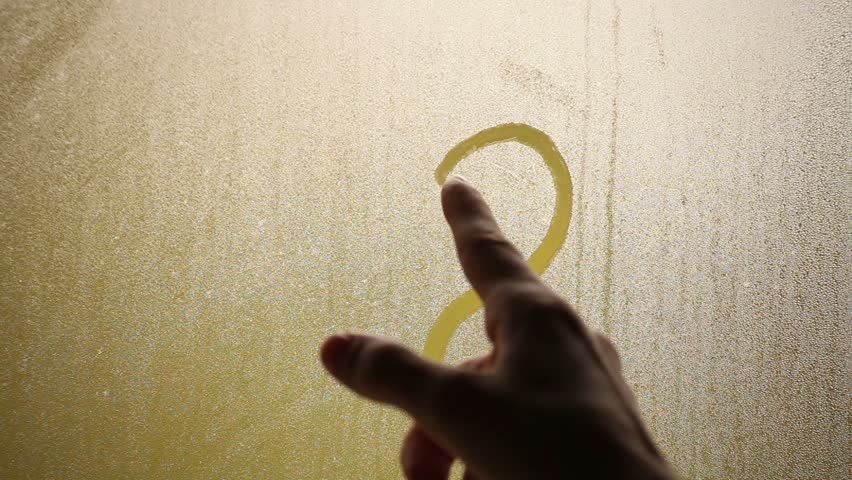 Doodles. Hand draws a question mark and Valentine heart on steamy window.
