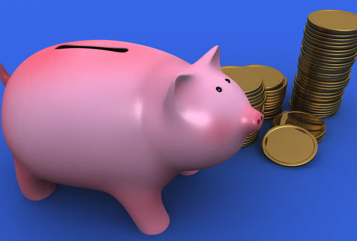 Piggybank and falling coins. Character animation.