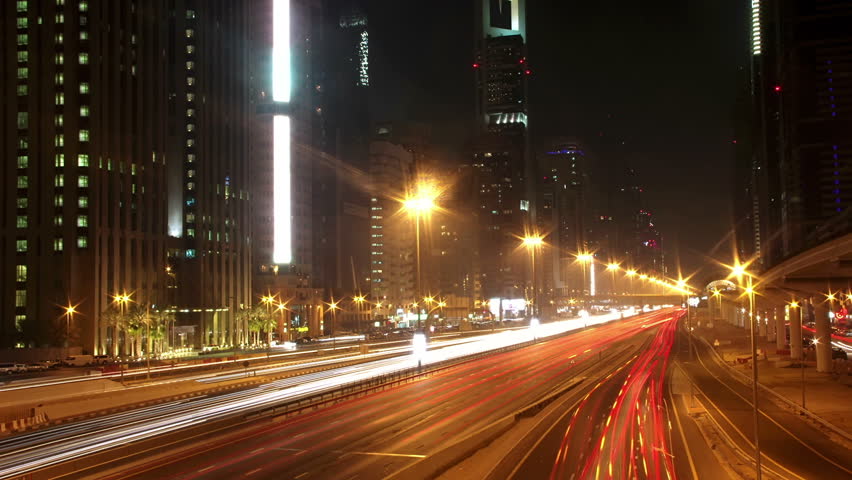 Time Lapse 1080p: Dubai city traffic at night, United Arab Emirates
