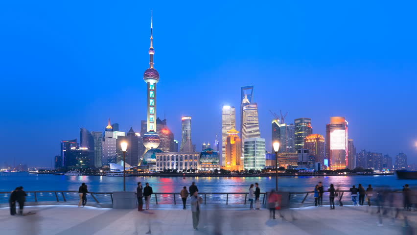 Shanghai Pudong skyline viewed from the Bund, China. Timelapse.