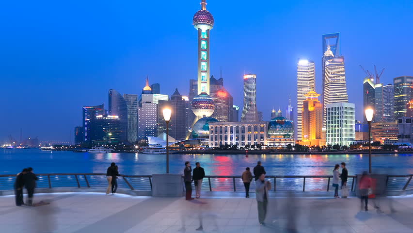 Shanghai Pudong skyline viewed from the Bund, china. Timelapse(panning)