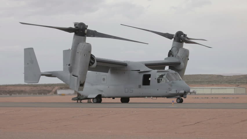 ST GEORGE, UTAH - MAR 17: Aircraft V-22 Osprey VTOL on ground  on March 17, 2012  in St George, Utah. Used by USAF, Marines, Navy and NATO allies for transportation and troop movement.