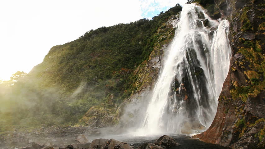 View on Lady Bowen Falls, Milford Sound Fjord. South Island, New Zealand.