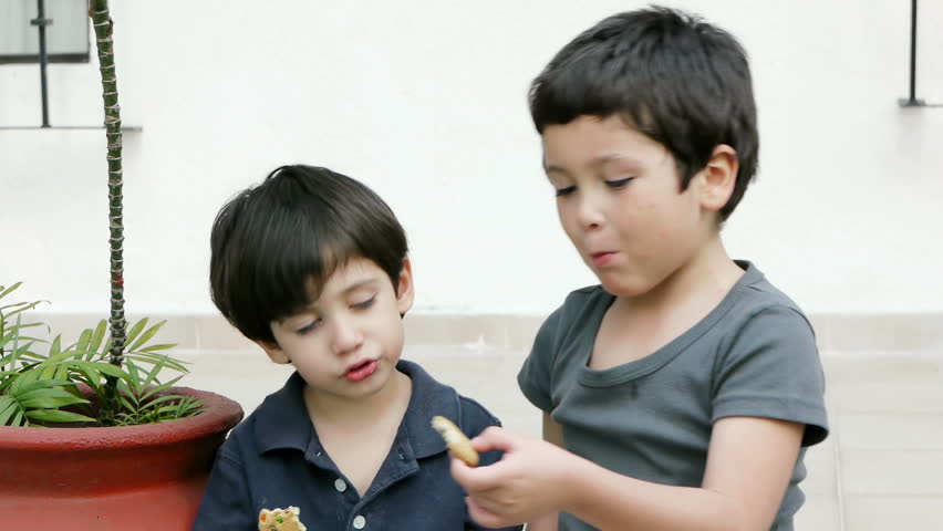 Kids Eat Cookies (HD). Two brothers of Hispanic origin; six and four years old comparing and eating colorful sprinkled cookies. Note: The Brother on the left suffers from a slight Lazy eye problem.