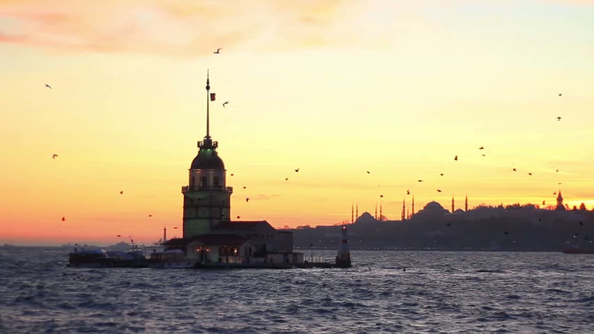 Istanbul from Salacak coast. Maidens Tower, Mosques and Ottoman palace are in the distance
