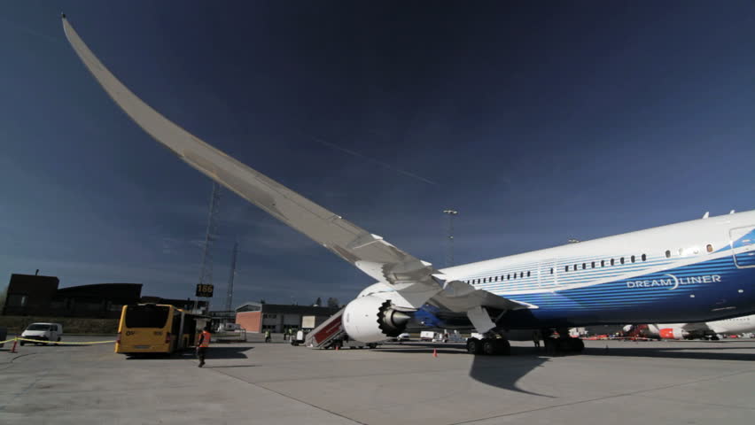OSLO, NORWAY - MAY 2, 2012: Boeing 787 Dreamliner on its Europe Tour visiting OSL Airport, Oslo. Wide shot of the left side of the plane
