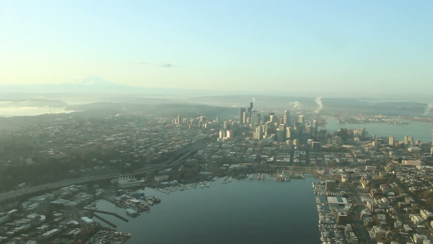 Aerial view approaching Seattle, Elliott Bay and Space Needle