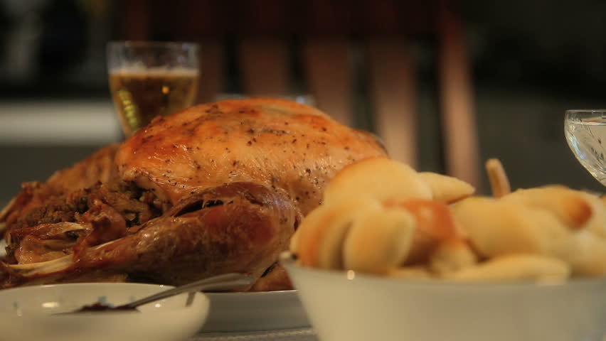 Panning right to left on a Thanksgiving dinner table