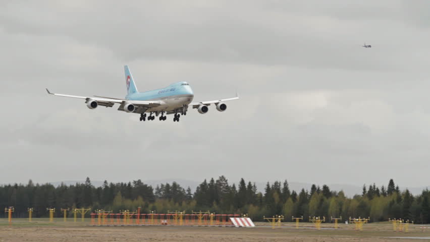 OSLO, NORWAY - MAY 2012: Korean Air Cargo Boeing 747-400 freight airplane landing at Oslo Airport Norway