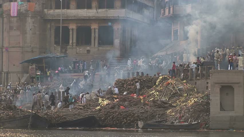 burning ghat with funeral fires and pyres burning.Circa November, 2008, Veranasi, India