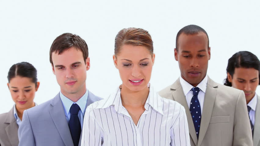 Close-up of business people applauding against white background