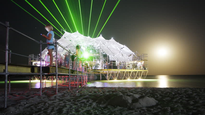 lasers over a dancefloor out at sea, music festival, ukraine, summer 2008