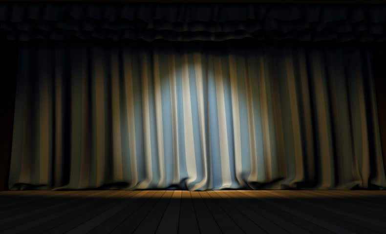 Curtains open, on a stage there are monitors,  Monitors are included, and readout of time from 5 up to 1 begins,  Then the monitor die away 