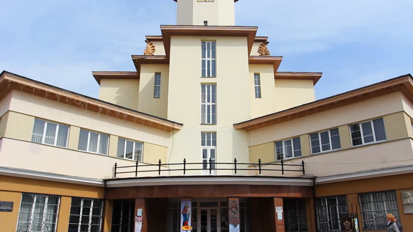 Ratusha in Ivano-Frankivsk, Ukraine, main benchmark of city, panorama from bottom to top