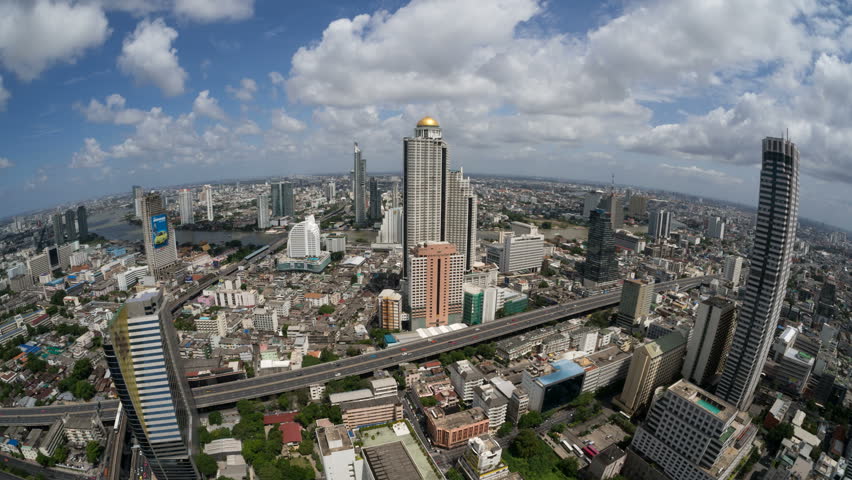 Time Lapse (fisheye) Highway Traffic, Skyline Bangkok, Thailand, Lebua at State Tower, BTS Saphan Taksin Station, Skyscraper, Chao Phraya River