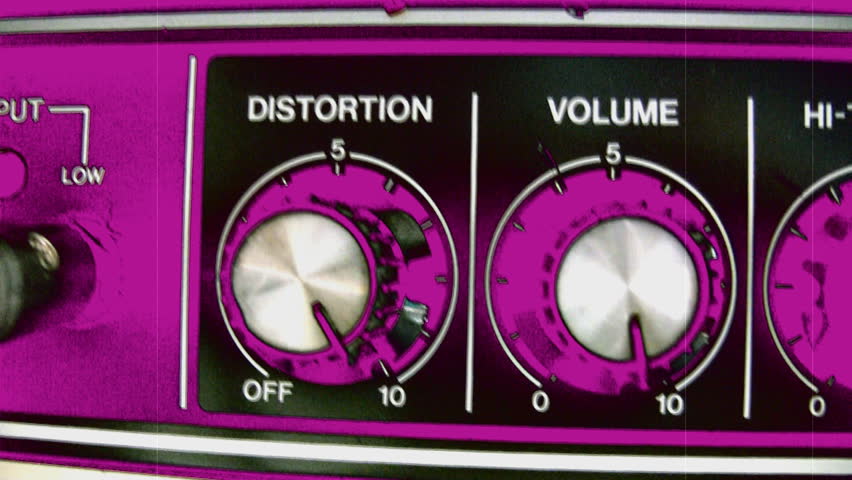 Bouncing volume and Distortion knobs set to 10 on guitar amp. Coloured pink and black.