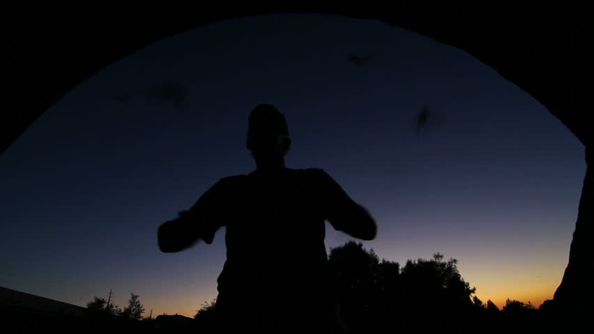 Man, silhouetted, raises his arms as bats fly out of tunnel past his arms, head, torso against beautiful sunset. 1080p