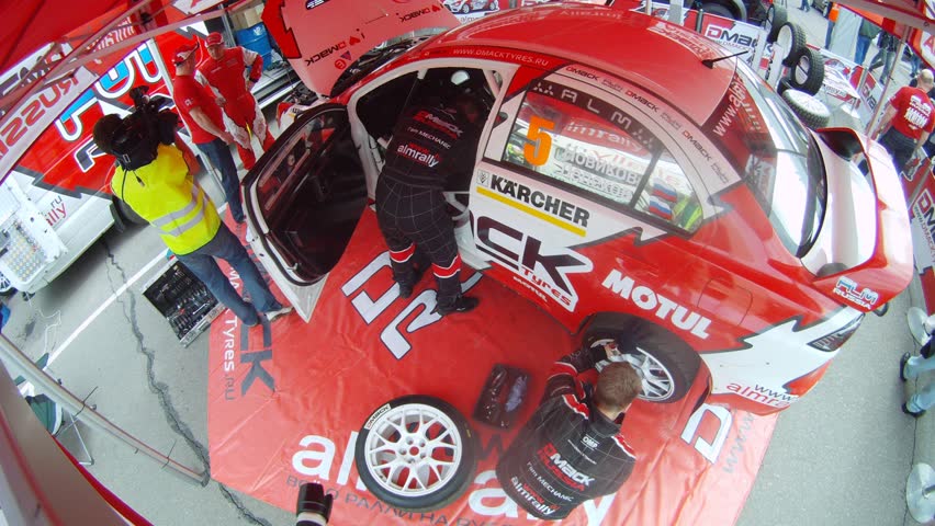 MOSCOW - APR 21: (Timelapse View) Automobile mechanic do diagnostics of car of team ALM RUSSIA, on Rally Masters Show, on April 29, 2012 in Moscow, Russia