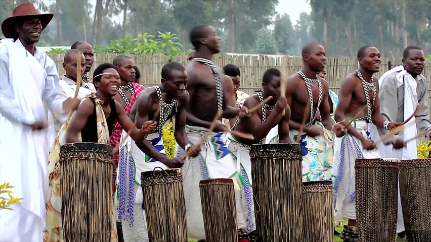 RWANDA, AFRICA - JUNE 16: Male Tribal Dancers Perform Traditional Intore Dance (traditional Ballet of Rwanda) on June 16, 20012 in Rwanda, Africa. Drumming, Song, and Music is featured as well.