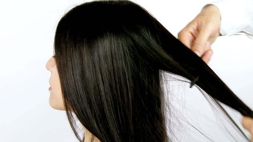 Beautiful Shiny Long Black Hair Being Combed And Straightened St ...