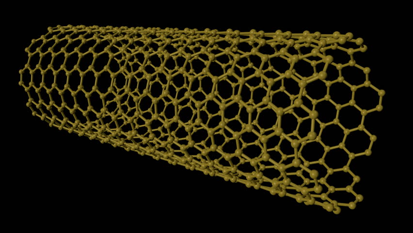Seamless loop of a yellow isolated chiral carbon nanotube rotating on a black background