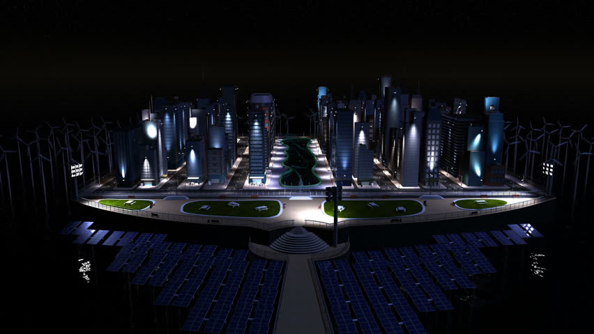 3D motion graphic of the conservation of city light on buildings produced from renewable energy