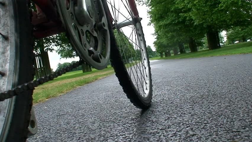 Pushing a bicycle down a path through a park