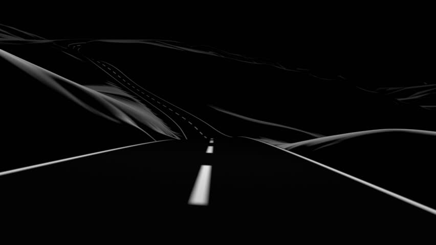 Go on an abstract road trip through the mountains. It has a kind of vector art look, with a slight dose of depth of field and motion blur for a touch of realism. 3D animation.
Black and white, dark.