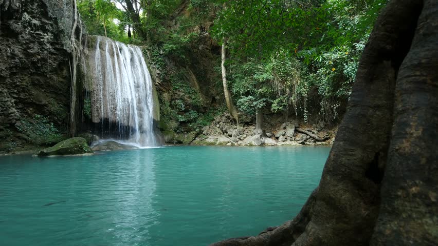 Paradise Jungle Forest With Beautiful Waterfall In Green Lush Of Erawan 