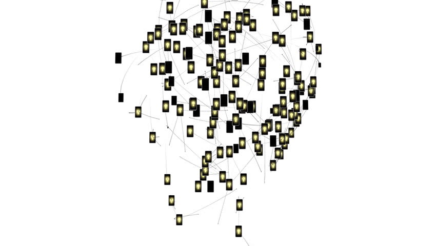 An idea symbolized by a light bulb appears on the screen of a smartphone or pda. This idea is transmitted to a large social network of phones which form a big lightbulb.