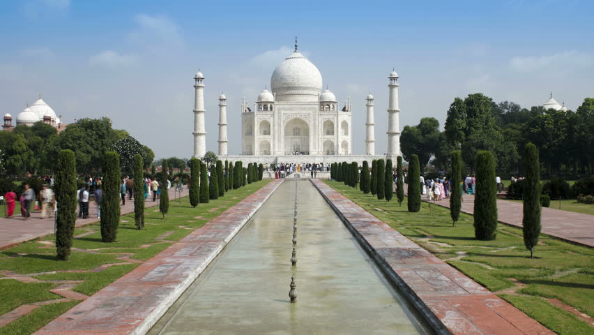a distant shot of the Taj Mahal