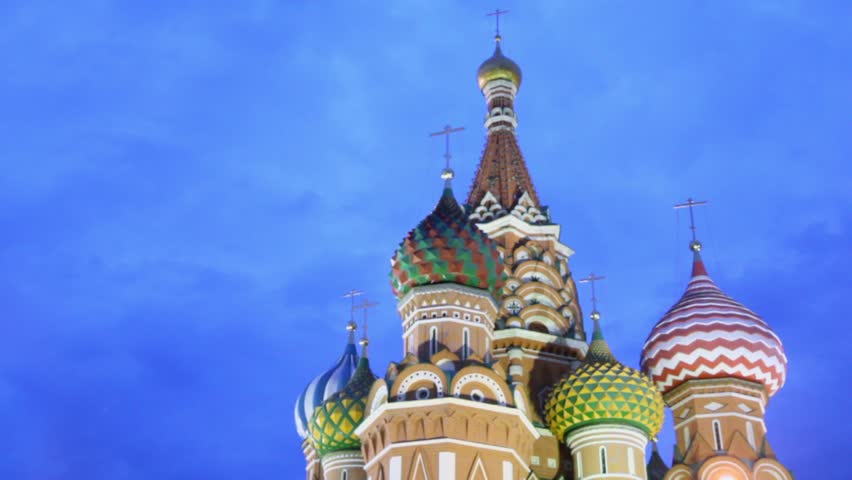 Colourful cupolas of Saint Basils Cathedral at night in Moscow