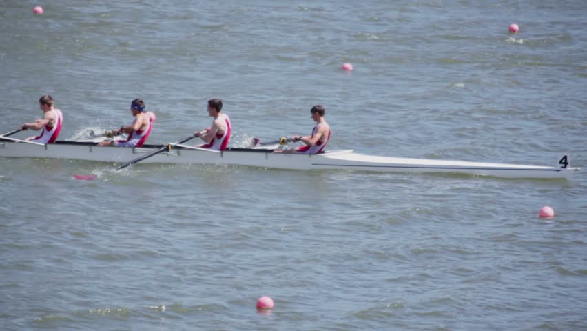MOSCOW - JUNE 4: Men teams row in kayak during competition at 50th Anniversary Grand Moscow Regatta on rowing channel Krylatskoye on June 4, 2011 Moscow, Russia.