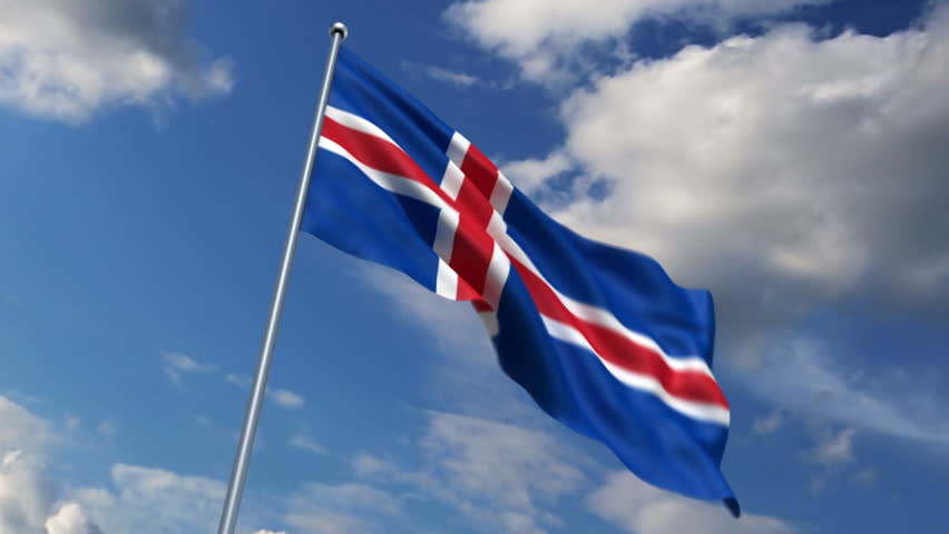 Iceland flag waving against time-lapse clouds background