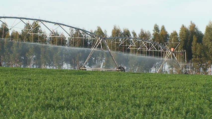 Irrigation pivot spraying water on agricultural field 
