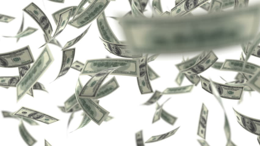 One hundred dollar bills falling through air. HD 1080
