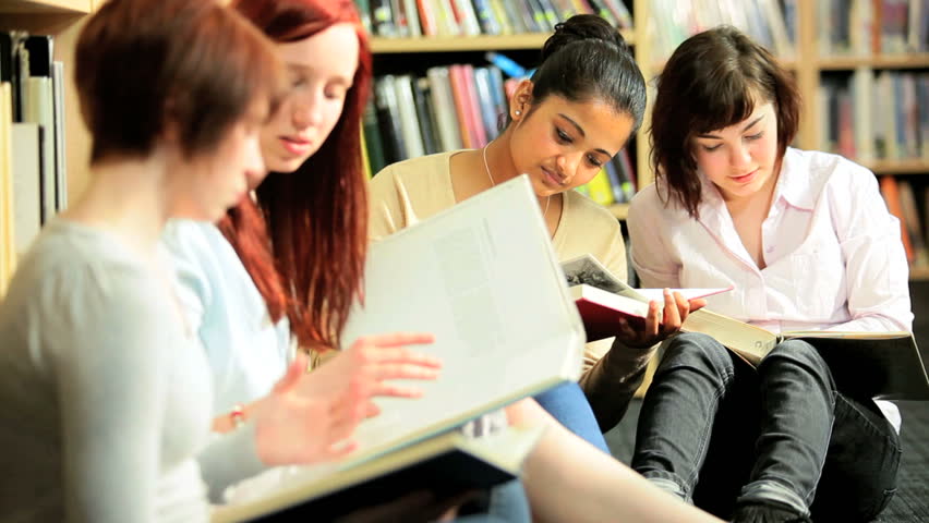 Workshop of multi ethnic female students studying modern literature in college library