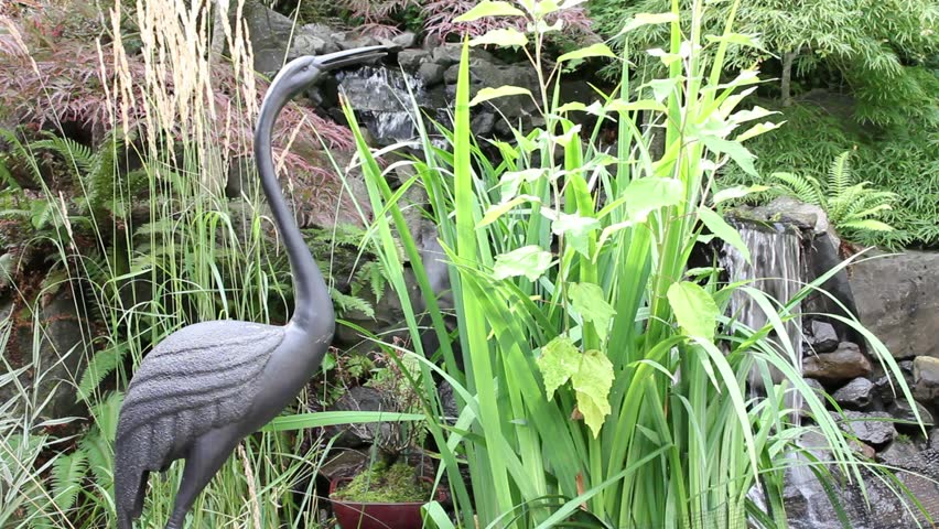 Waterfall in Backyard Zen Garden with Bronze Crane Sculpture 1920x1080