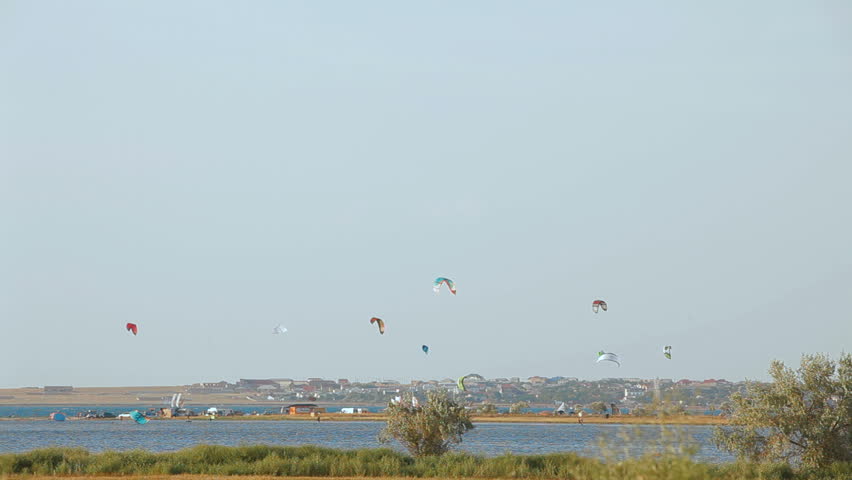 Lots of paragliders seen from the shore on a sunny day.