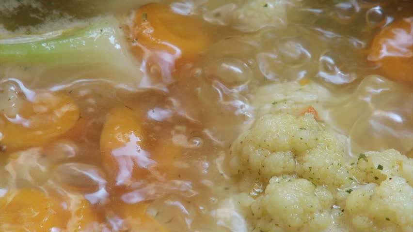 Boiling food, cauliflower, carrots, soup, 2 clips