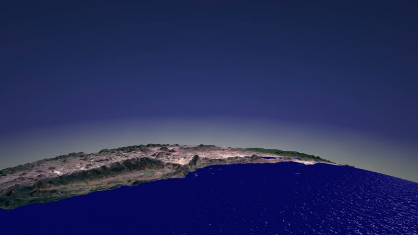 Flight over North America from west to east coast. Raised Mountains. Render.