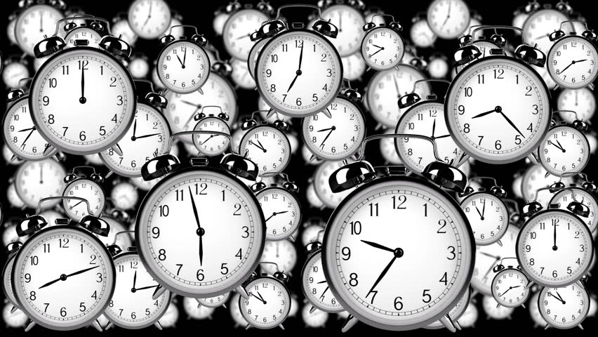 many old fashioned clocks flying in time lapse in 3D space