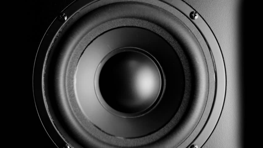 Closeup at moving sub-woofer. Speaker part. 
