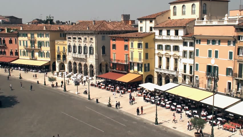 VERONA, ITALY - MAY 10:  Piazza Bra in front of the Arena is the largest piazza of Verona. The city's arena attracts thousands of visitors each year in summer when concert are being held.