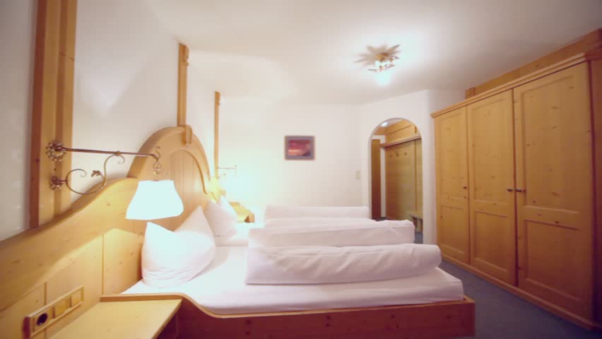 Hotel apartament with beds and other furniture, panoramic motion