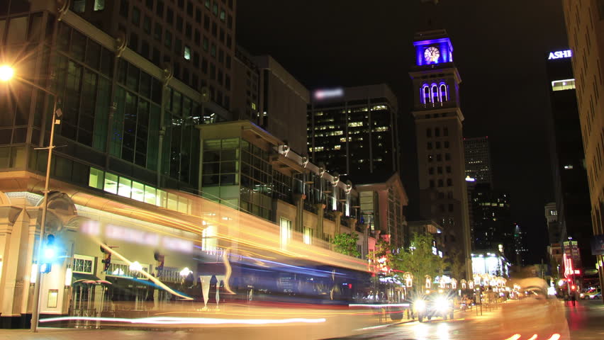 This is a time lapse shot of downtown Denver's 16 st mall. Right in the heart of downtown, it is teeming with night life on Friday night.