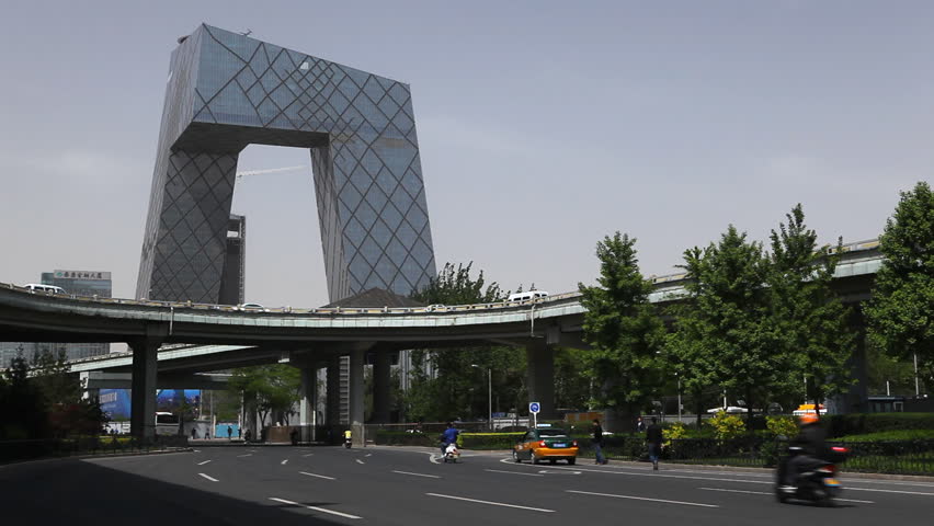 BEIJING, CHINA - APRIL 29, 2012 Beijing CBD, China, CCTV, Air Pollution and Huge Traffic