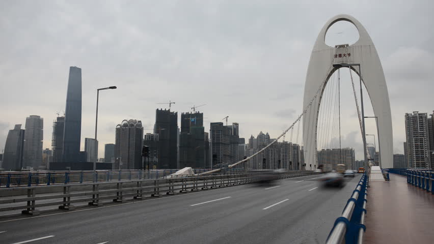 GUANGZHOU, CHINA - MAY 12, 2012 Liede Bridge, Pearl River, International Finance Center, IFC, Guangzhou, China, time lapse