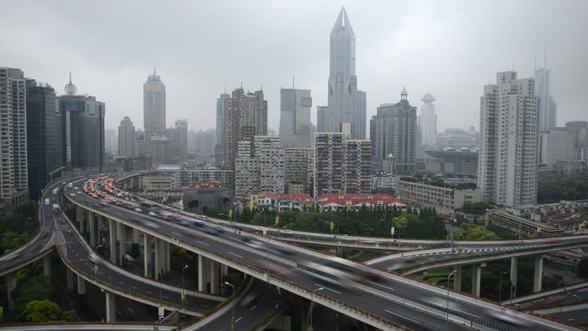 Aerial View of Shanghai Skyline, China, Yan'an East Road Overpass, blurred logos, time lapse